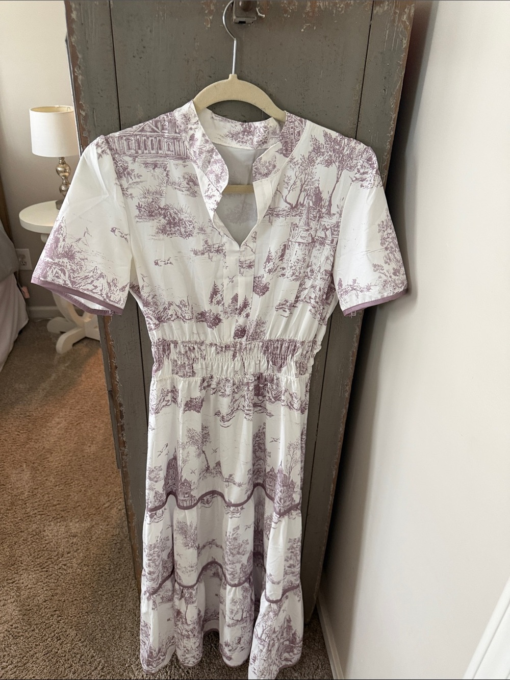 Women's White and Lavender Printed Midi Dress